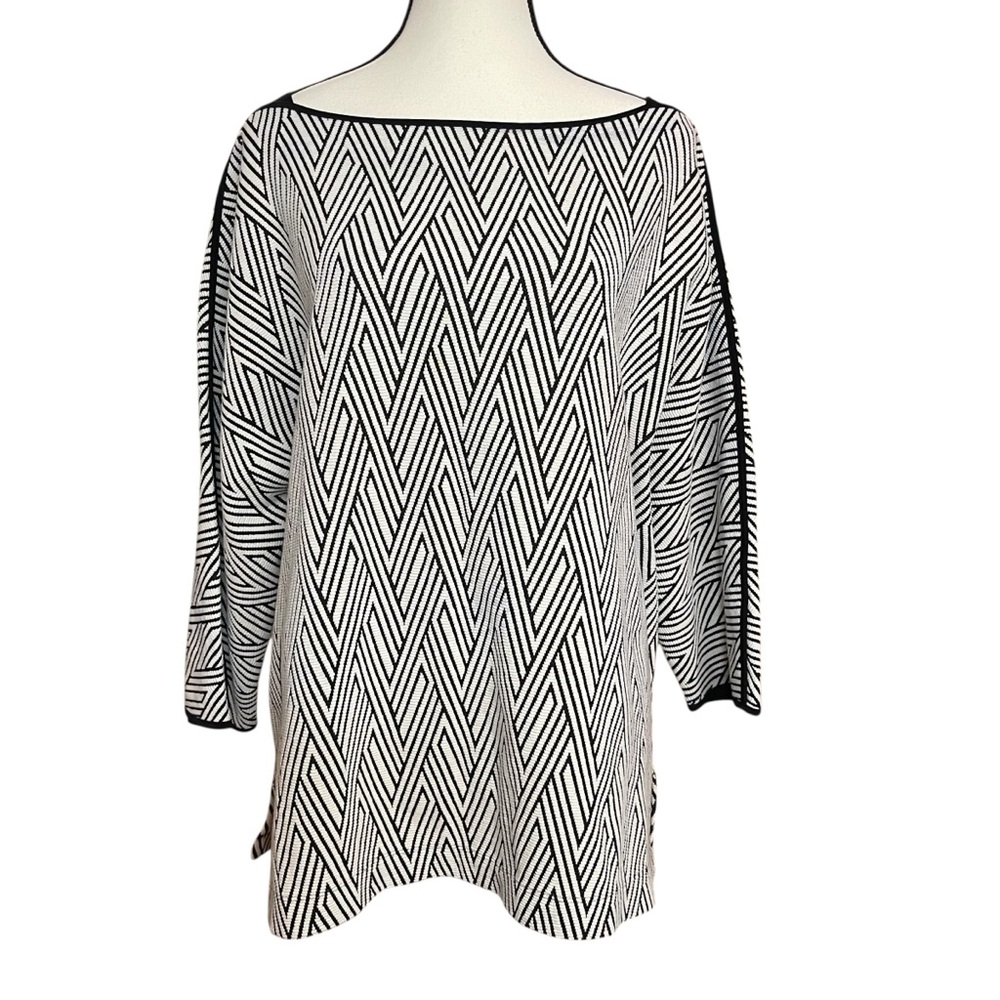 CHICO'S Knit Tunic Pullover Black Cream Zig-Zag Artsy Lagenlook Tunic‎ Top XL/16